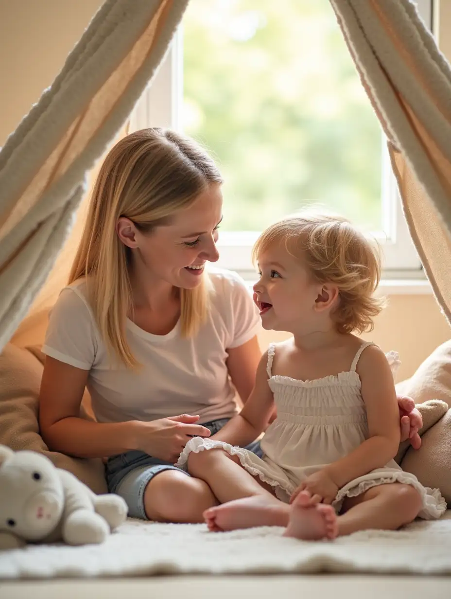 Parent-andCozy-parent-child-moment-Child-Relaxing-in-a-Cozy-Blanket-Fort-on-a-Summer-Day