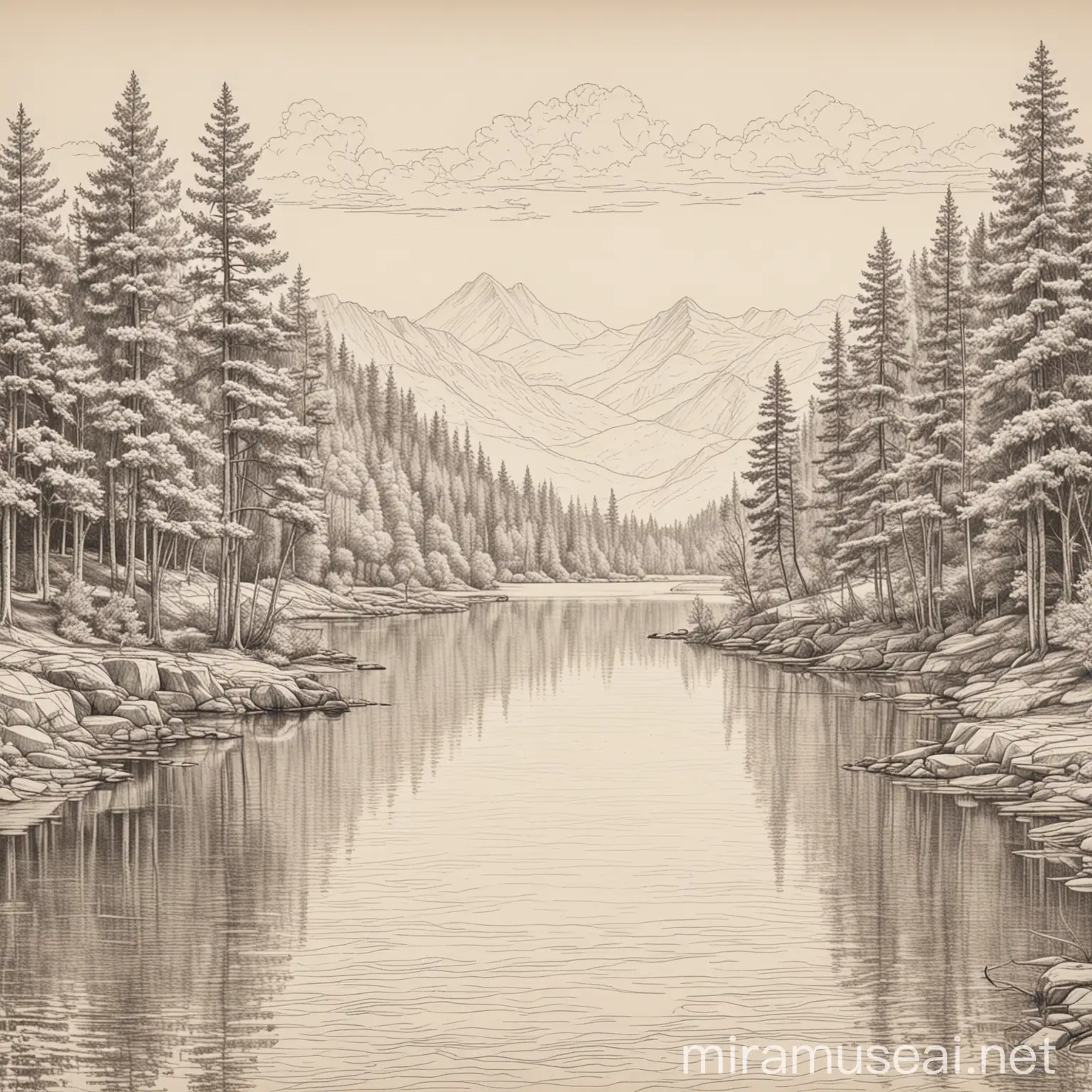 Serene Landscape Sketch of Lake and Trees