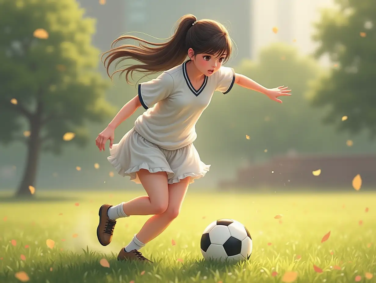 1 shenjuku girl, full body, white short skirt, round ass, wild, playing soccer, blurred background, depth of field, realistic, soft, warm, formal, masterpiece, excellent 32K，--aspect 16:10