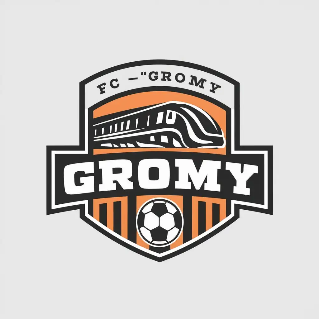 a vector logo design,with the text "FC 'GROMY'", main symbol:Train, ball, soccer team,Moderate,be used in Sports Fitness industry,clear background