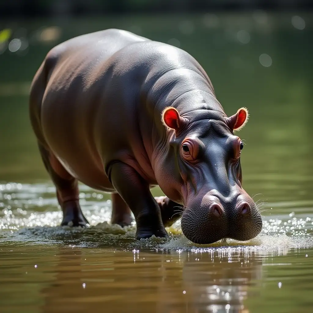 A close-up image of a hippopotamus walking along the riverbed, surrounded by calm, clear water with sunlight filtering down from above. The hippo looks as if it's pushing off the river floor, with small particles of sand or silt around its feet. The background includes subtle aquatic plants or small fish.