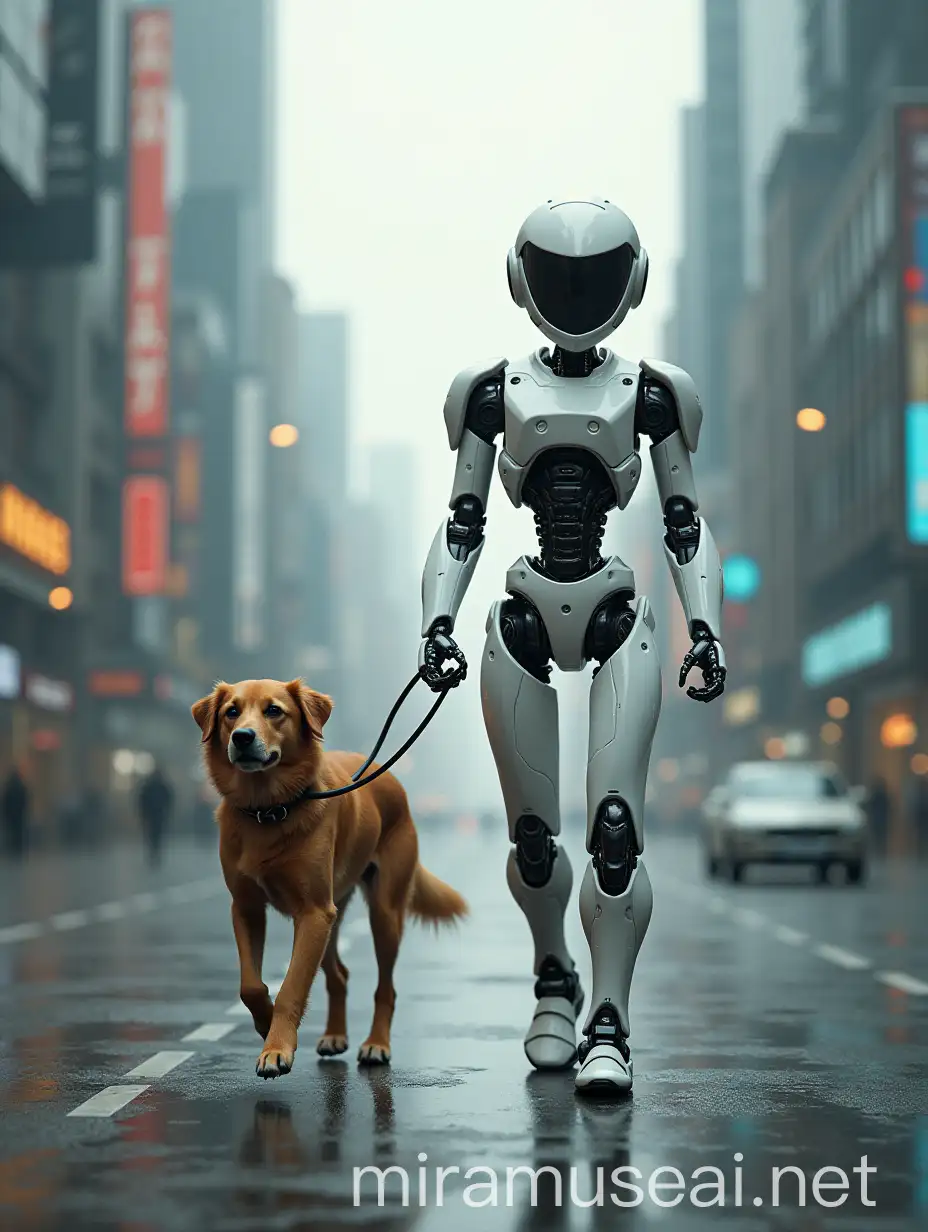 Futuristic Robot Walking a Dog in a HighTech Cityscape