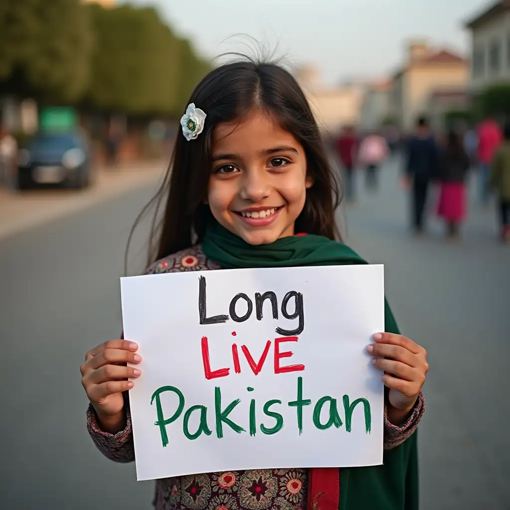 Pakistani girl 7 years old holding a sign of “ long live Pakistan”