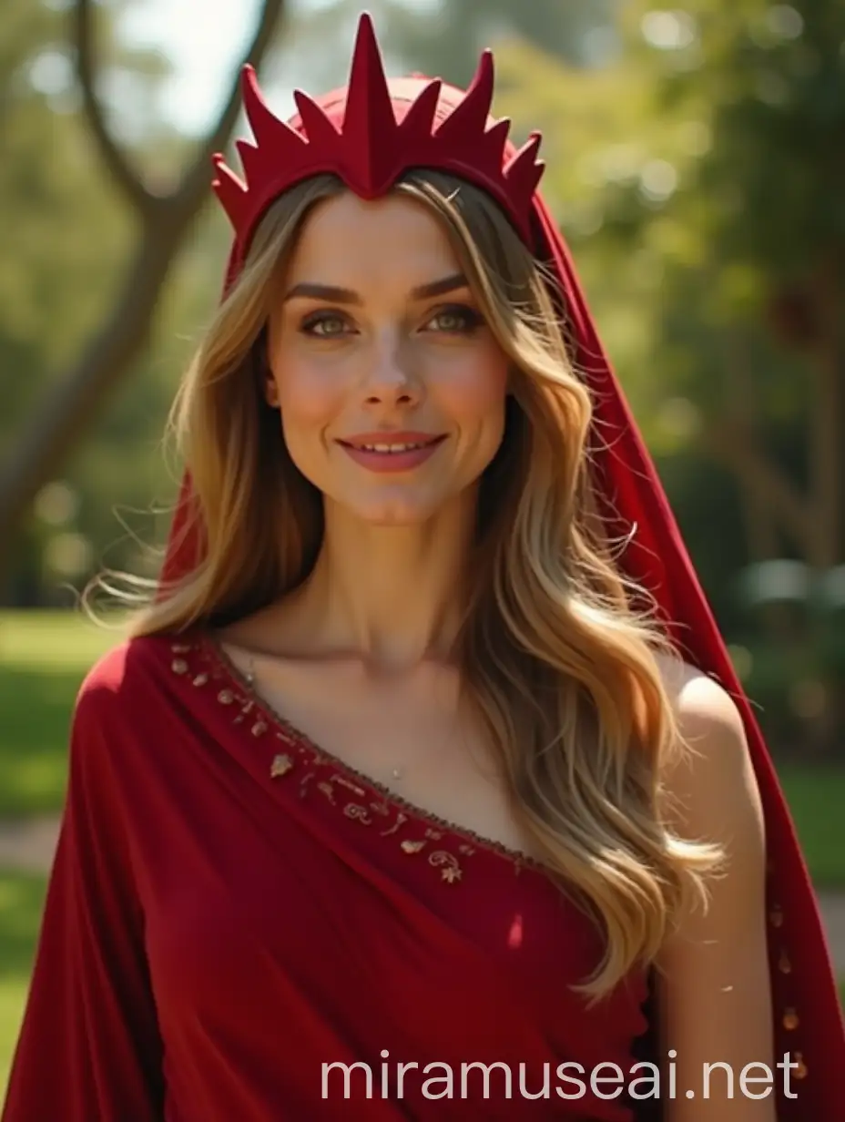 Scarlet Witch in Indian Red Saree with Tiara Morning Sunlight Garden Background