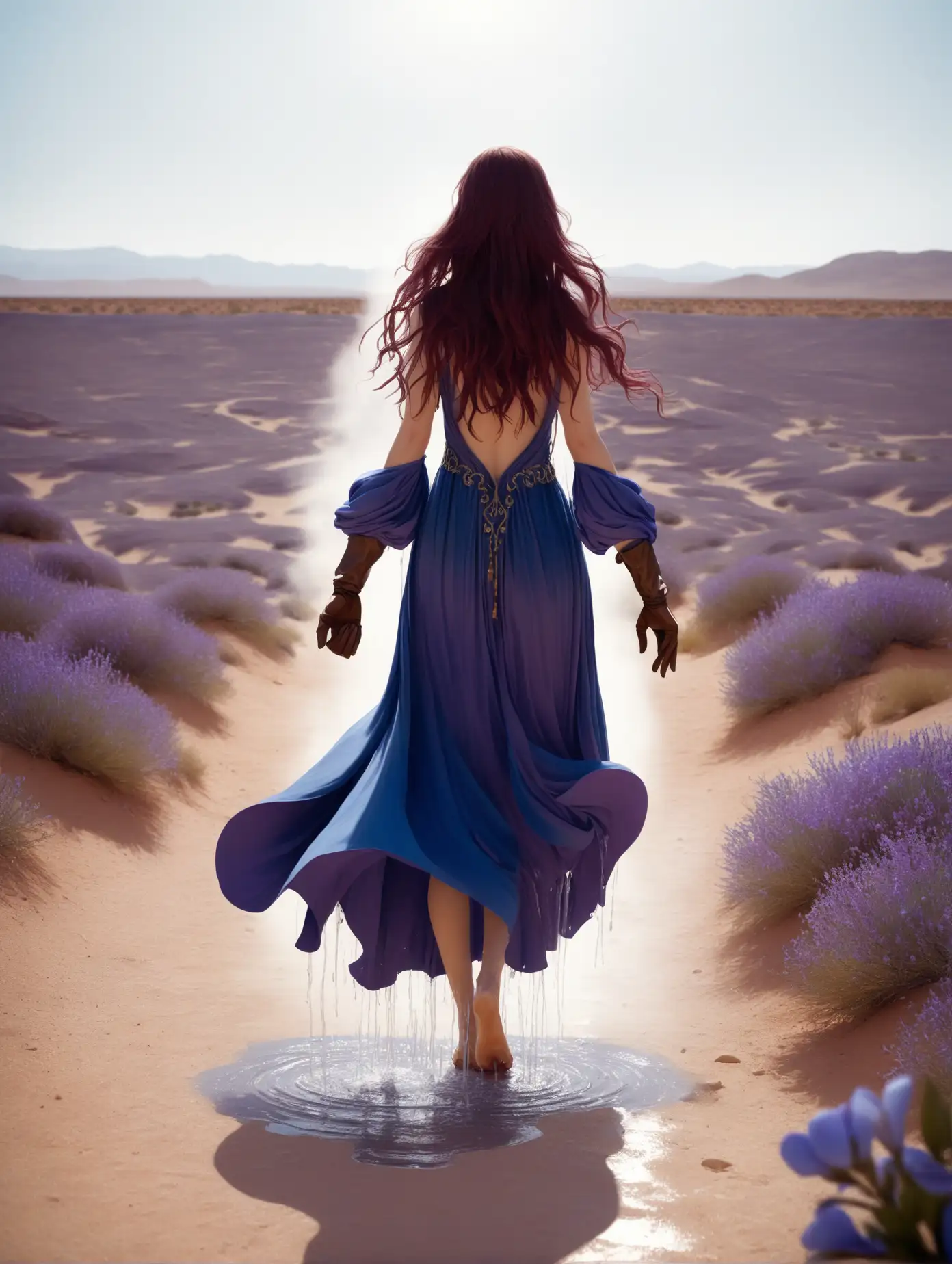 Solitary Young Woman with Burgundy Hair Walking in Desert