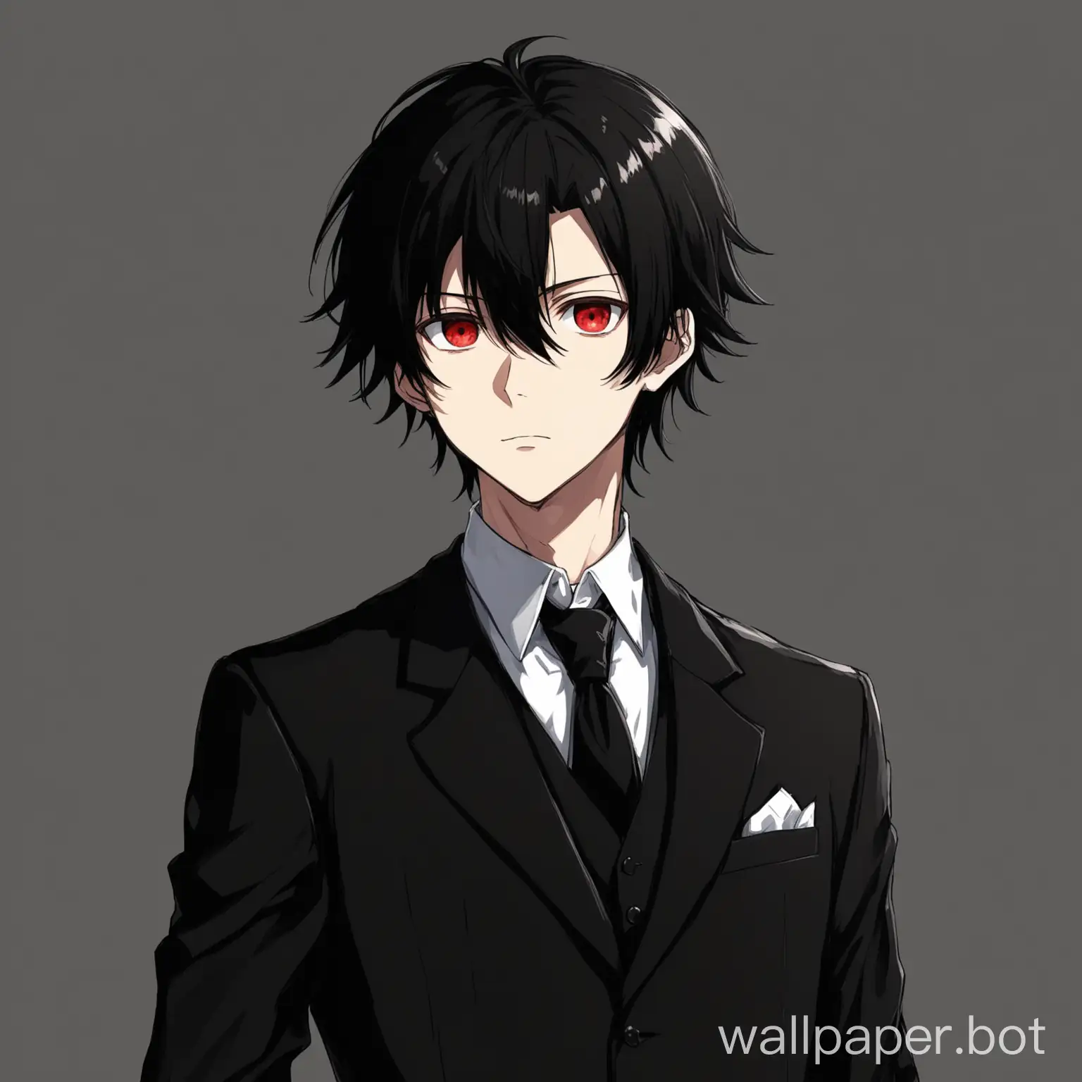 anime boy black hair red eyes formal jacket simple backround