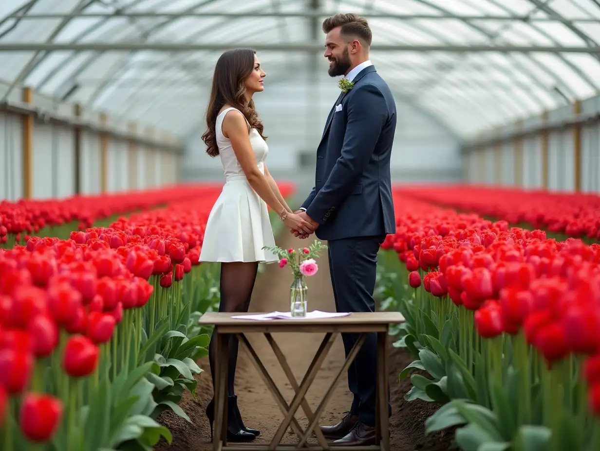 Bodybuilder-Couple-in-Wedding-Attire-in-Greenhouse-Surrounded-by-Red-Tulips