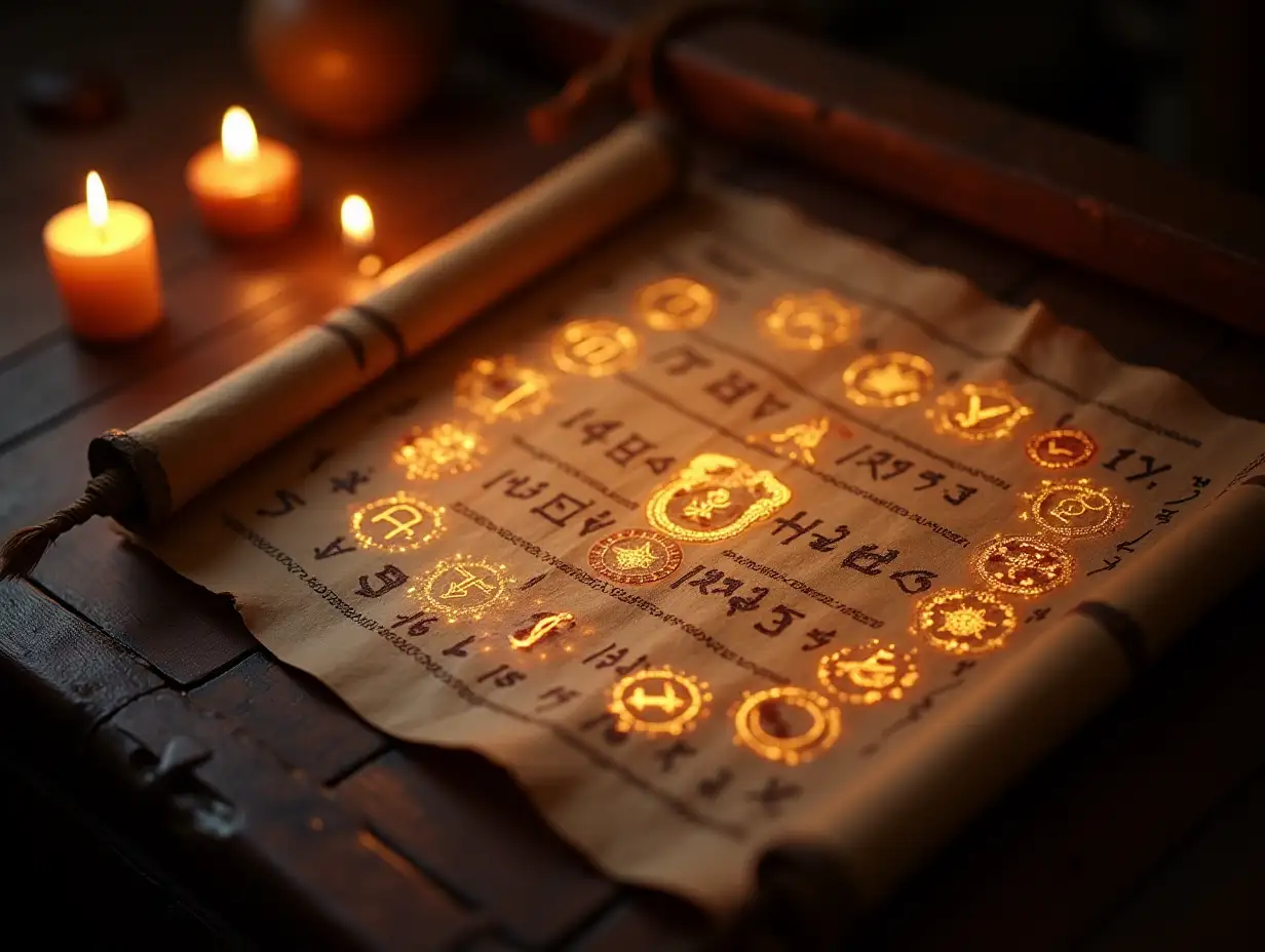 An ancient scroll spread out on a table numerology document , with glowing esoteric numbers and symbols on its pages, surrounded by a mystical aura.