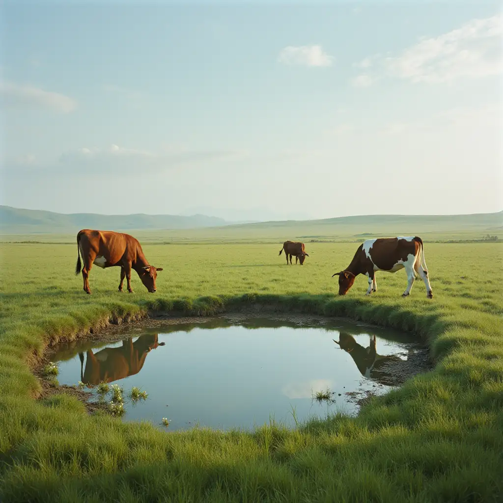 A few cows grassing the grass land  where there is a small pond