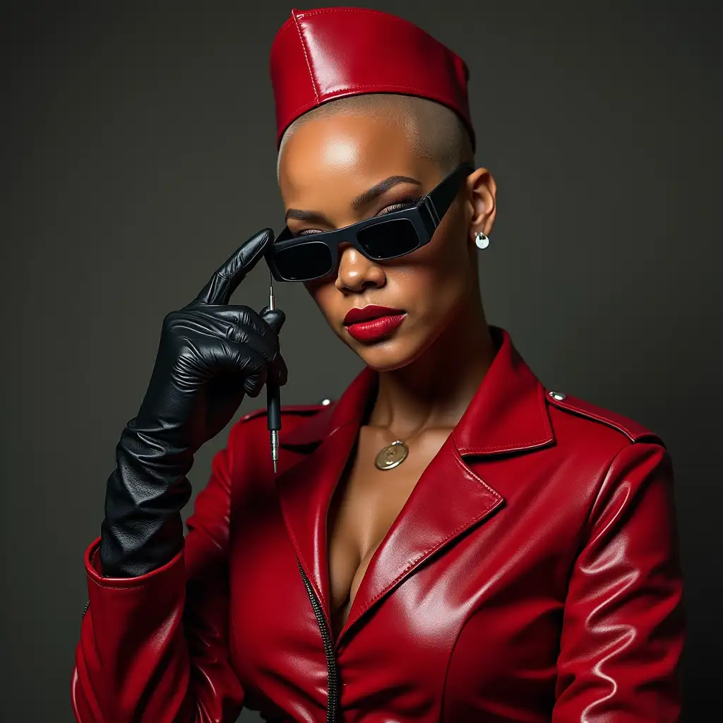 Rihanna-Nurse-Portrait-in-Red-Leather-Uniform-with-Shaved-Head-and-Military-Hat