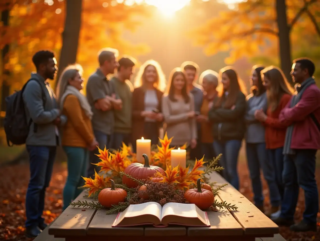 A serene outdoor scene during autumn, showcasing a diverse group of people gathered in peaceful reflection and worship. They stand surrounded by vibrant fall foliage in hues of orange, yellow, and red. The warm, golden sunlight filters through the trees, illuminating a wooden table adorned with symbolic elements of gratitude: a bountiful harvest, an open Bible, and lit candles. The atmosphere conveys themes of thankfulness, faithfulness, and divine connection, reflecting the essence of cultivating a heart of gratitude as inspired by Thanksgiving Psalms.