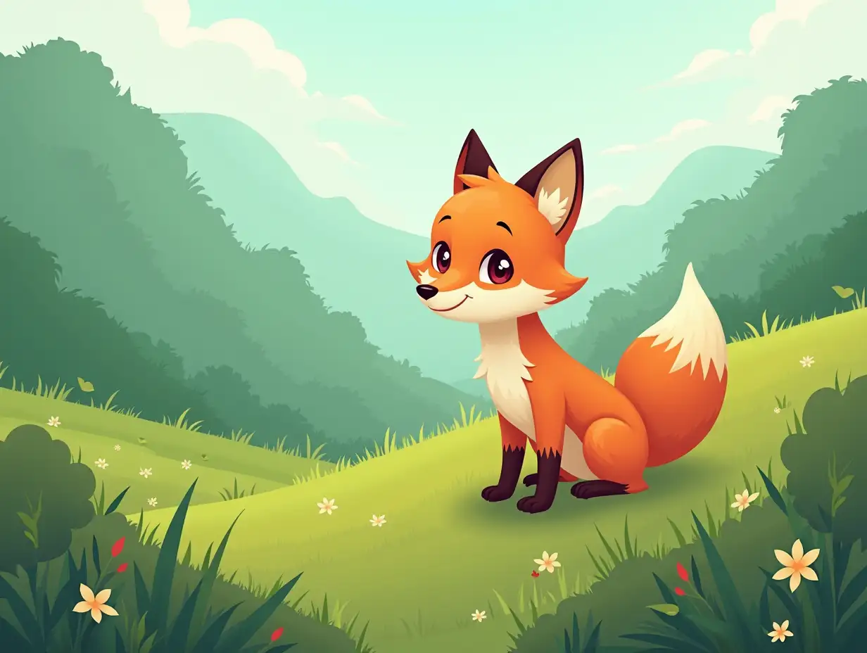 create an image based on the following text: In a valley surrounded by green hills, lived a fox named Rina, known for her cunning and ability to escape any predicament.