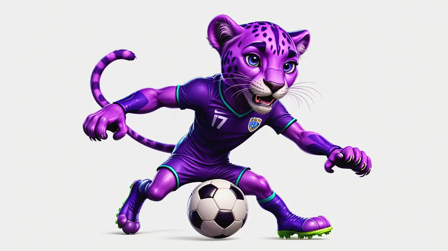 Young Purple Panther Character Playing Soccer on Transparent Background