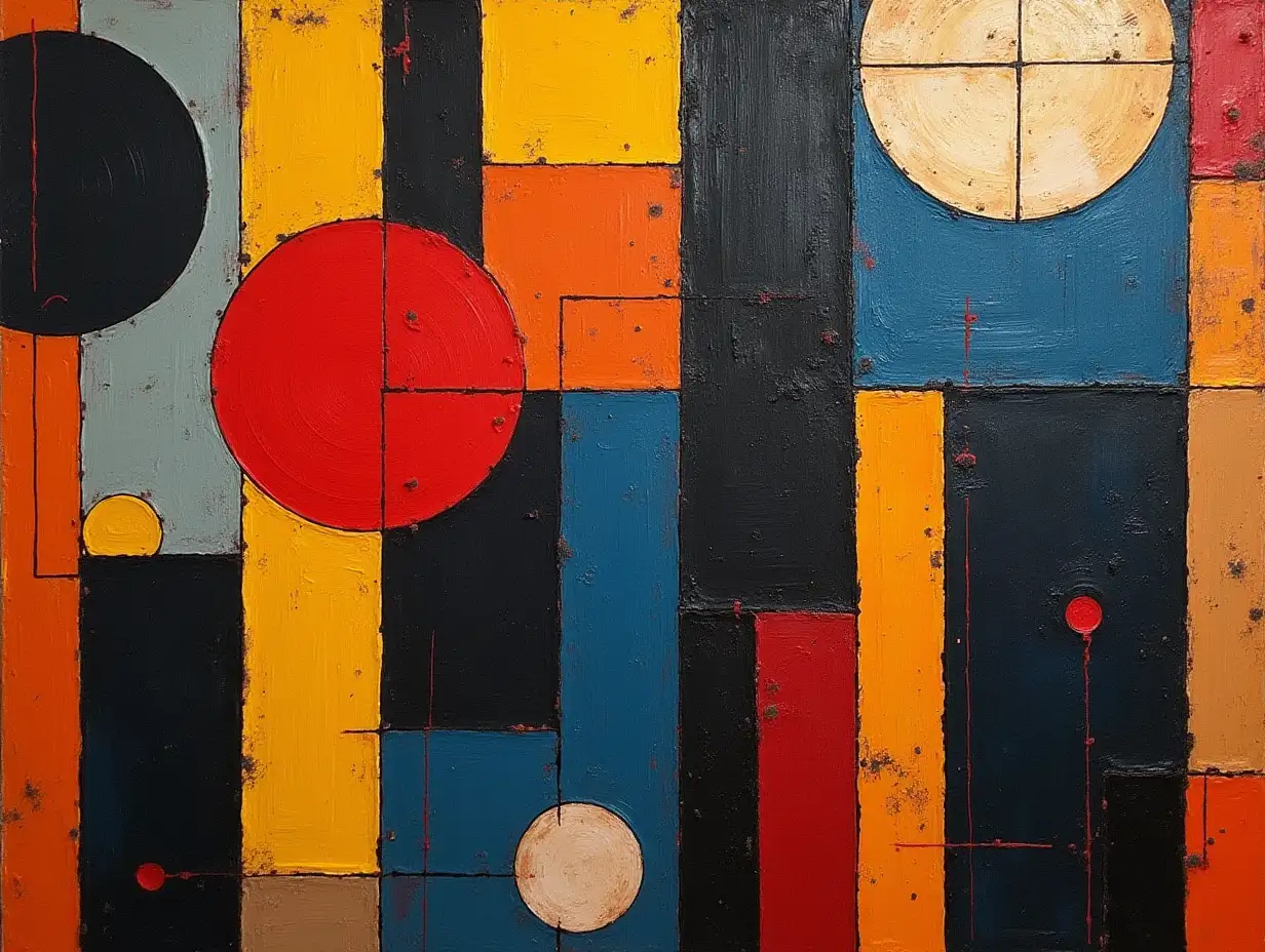 user_prompt: A picture in a grid, stripe, primitively schematic, Stalker-like figure in the style of Kandinsky, Malevich, minimalism, simplified for a beginner artist with acrylics many colors, constructivism abstractness, rather dark