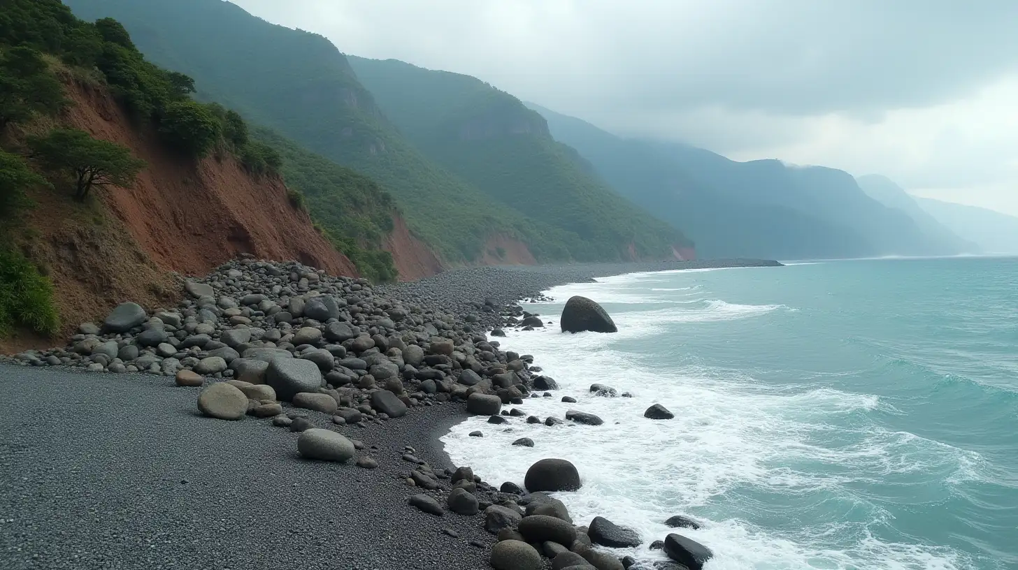 Mountain Landslide with Boulders Rolling into the Sea