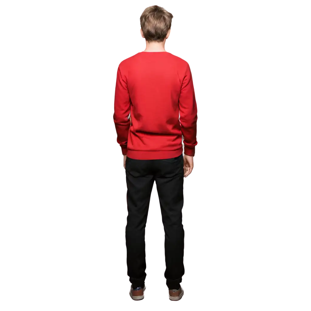 A teenager Caucasian man wearing a bright red sweater and dark pants, standing in back view of  background full image