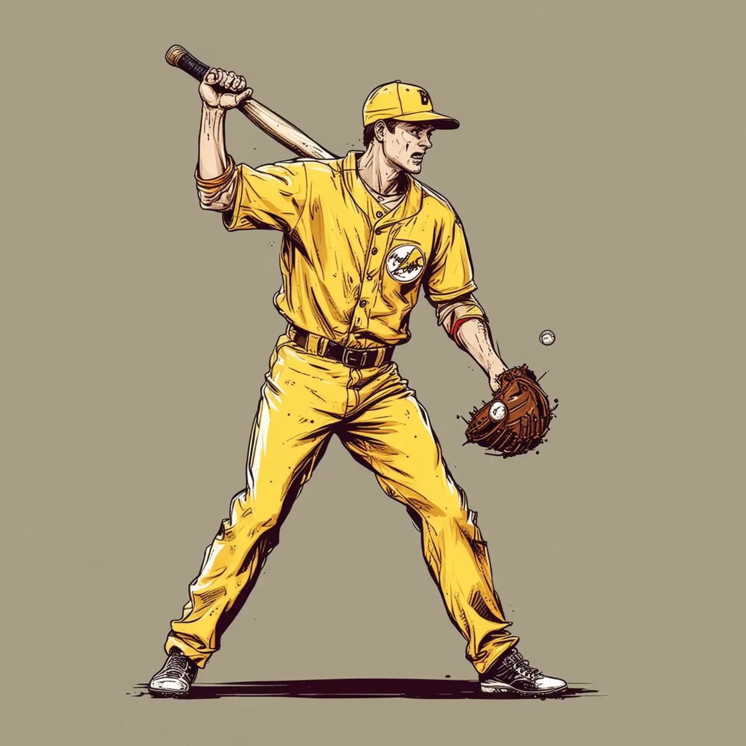 A man in a yellow office suit with a bat in his hand is playing baseball, white background, icon, comic book art style, in hand-drawn style, only yellow colors, colorful illustration, very high quality