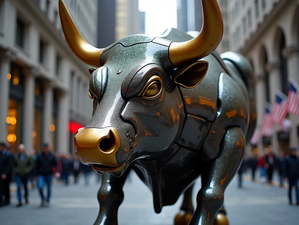 Futuristic-Bull-Sculpture-on-Wall-Street-with-Chromium-Carbon-Alloy