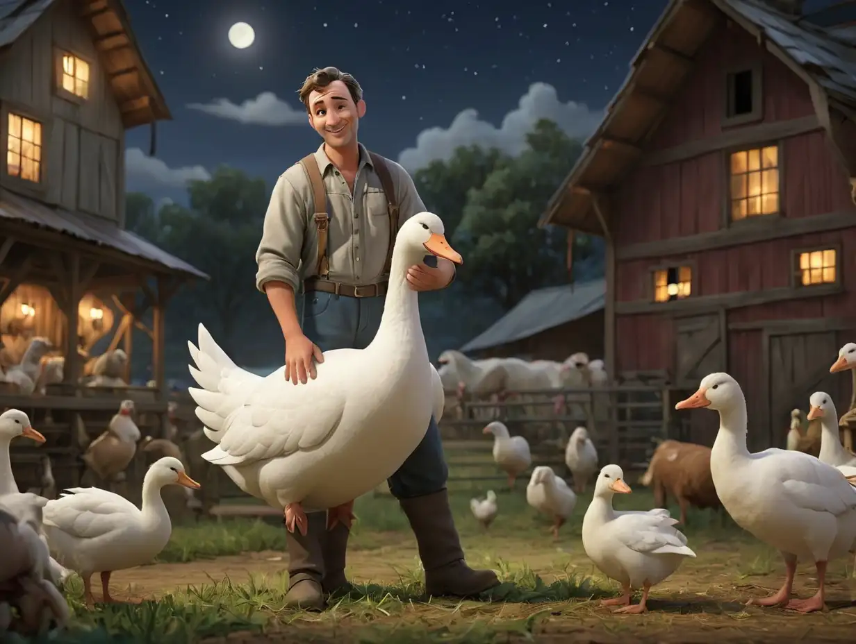 Nighttime-Farm-Scene-with-Man-Hugging-White-Goose-and-Animals