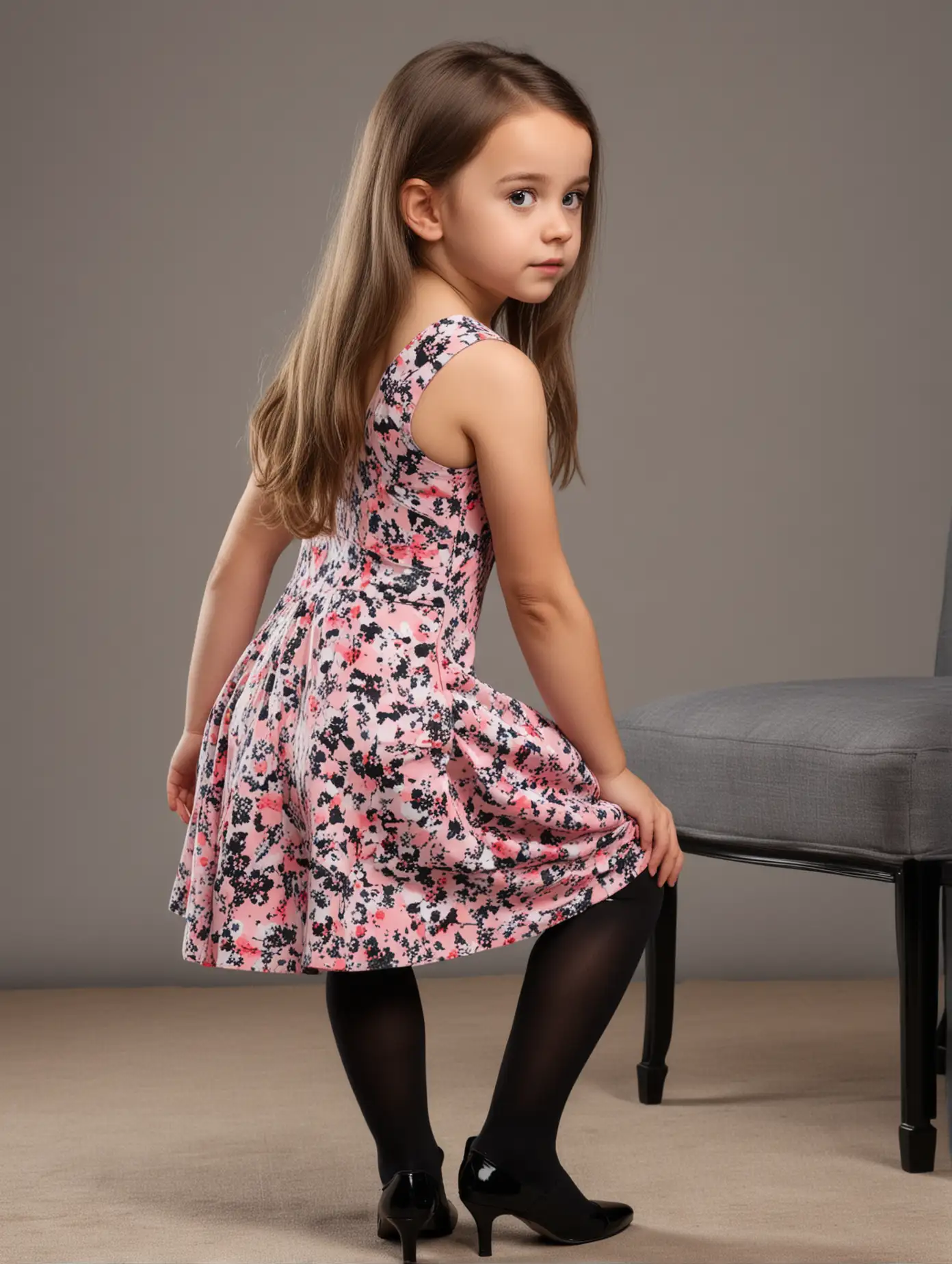 Realistic, normal position,young European 8yo girl squatting in a midi dress, bodycon dress, mixed color dresses ,wearing black heels, black tights,beautiful hair, rear view 