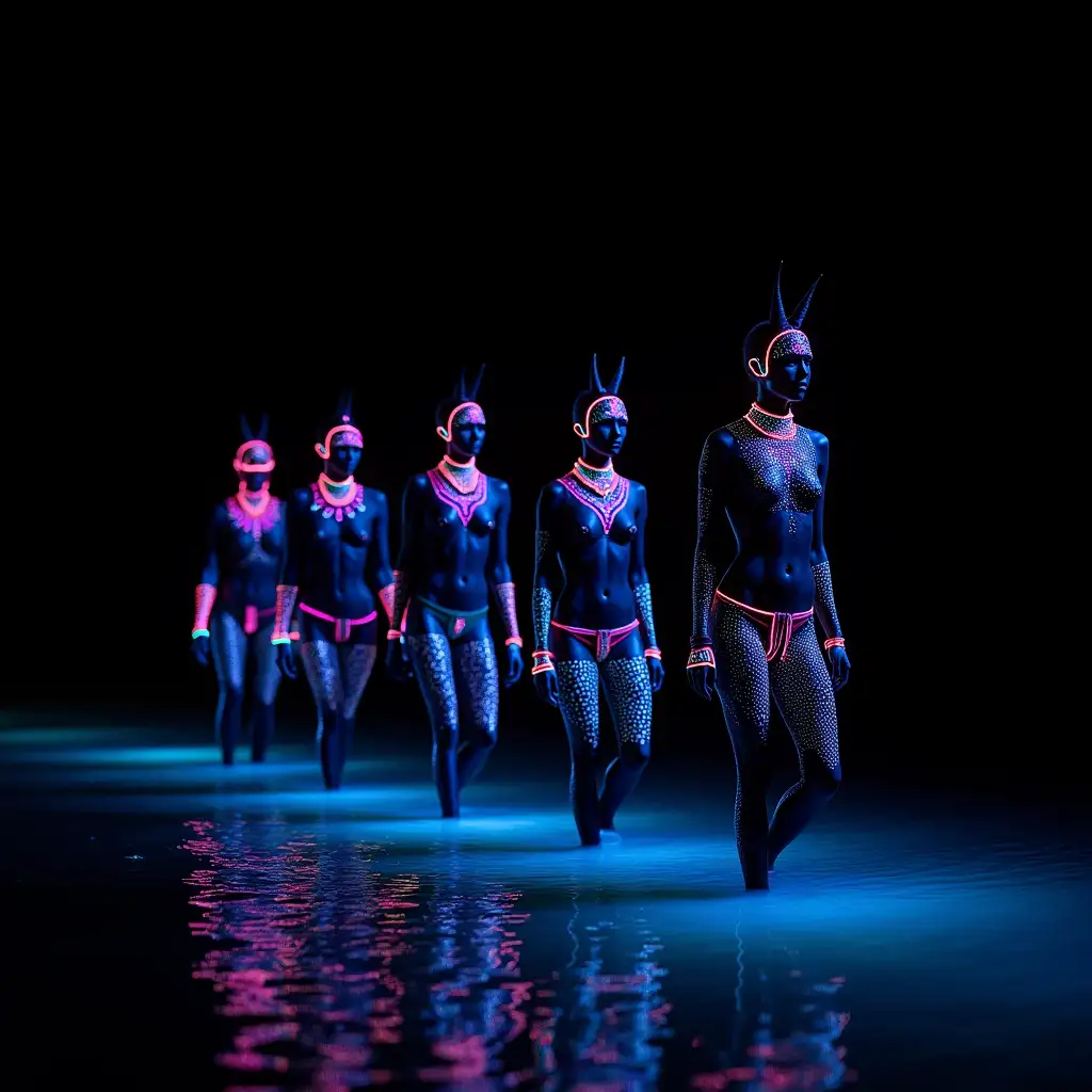 Himba-Tribe-Supermodels-with-Neon-Tattoos-Walking-Through-Glowing-Water-at-Night