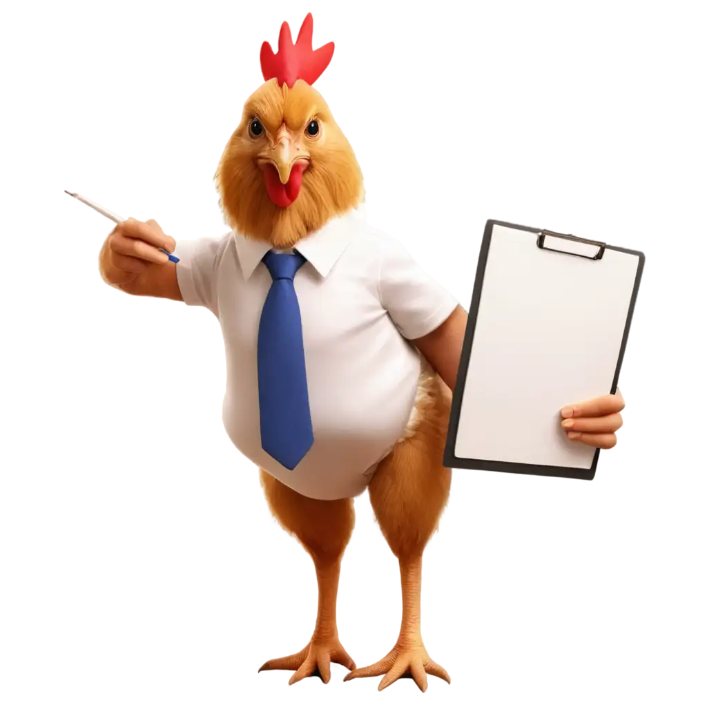 PNG-Image-of-Chicken-Standing-Pose-in-White-Shirt-and-Tie-with-Pen-and-Paper-for-Professional-Use