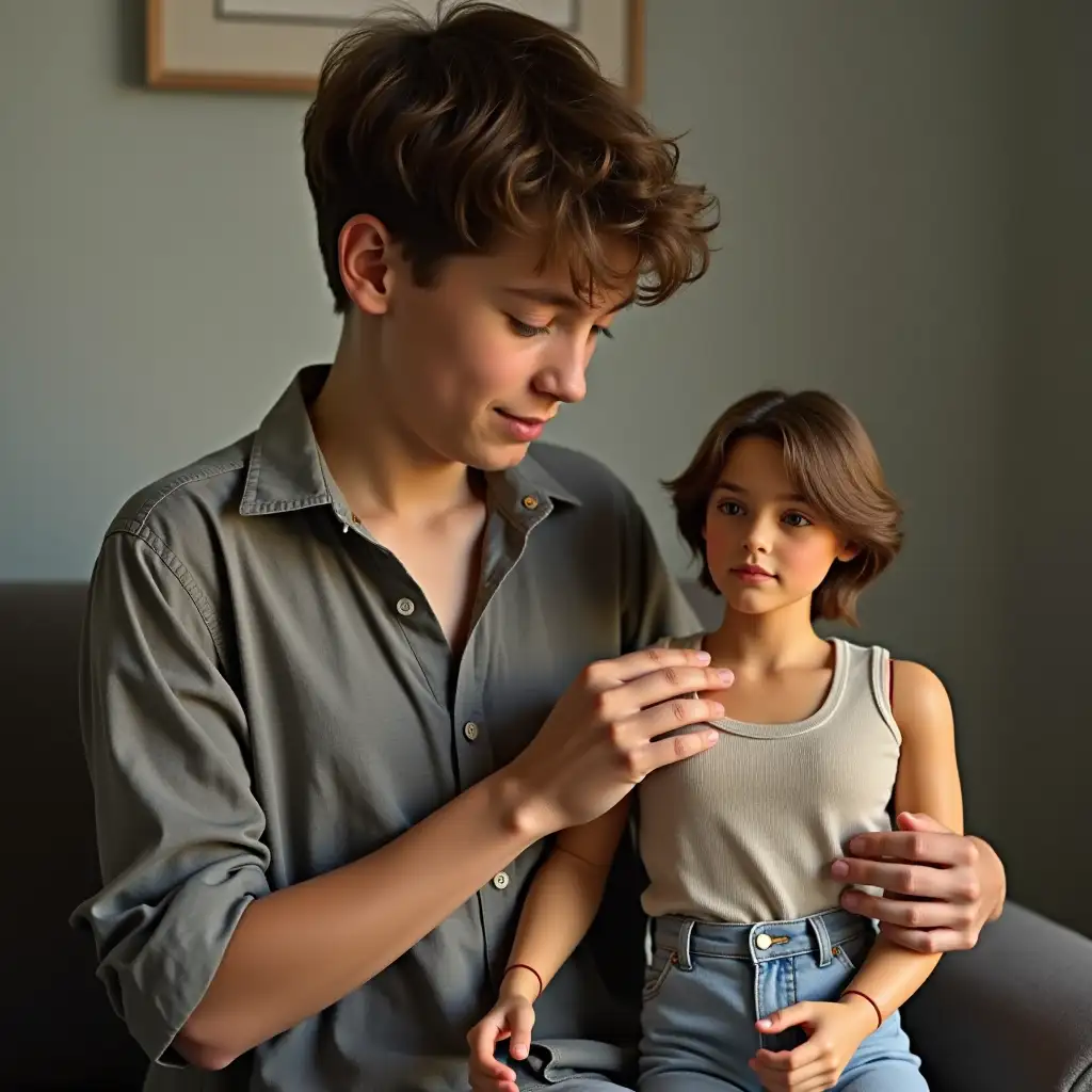 Teen Boy in Casual Shirt Engaged in Play with New Male Doll