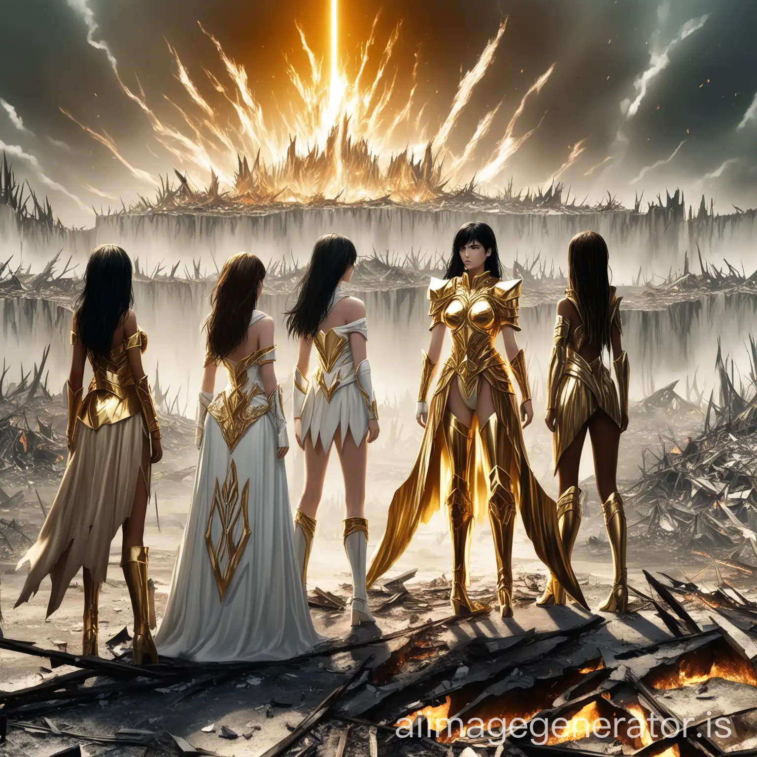 Four-Warrior-Girls-in-Shiny-White-and-Gold-Outfits-Surveying-a-Destroyed-Landscape