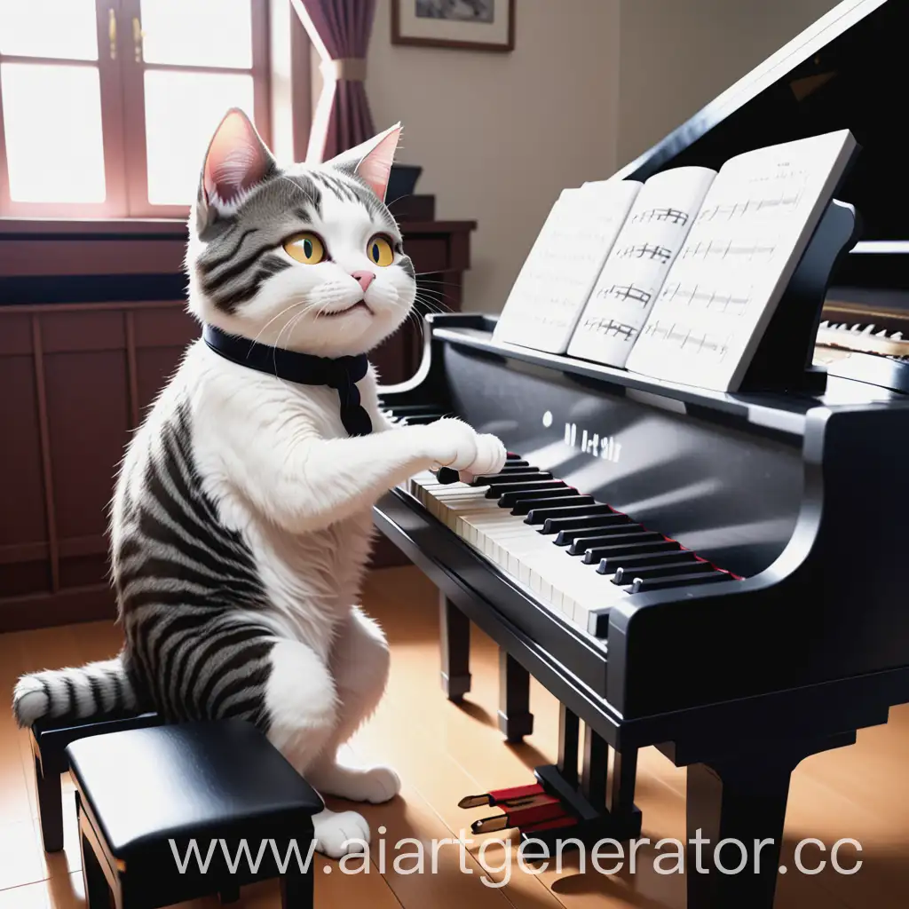 cat playing the piano, anime style.