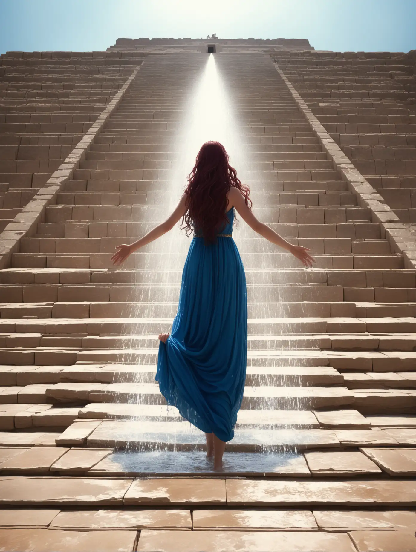 Young Woman in Greek Blue Dress Ascending Ancient Pyramid