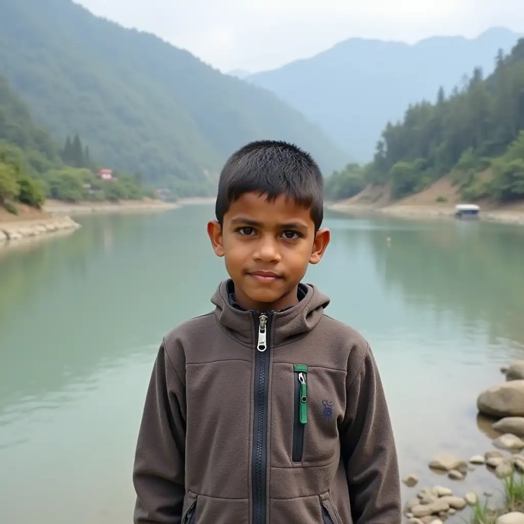 Nepali boy in front of river