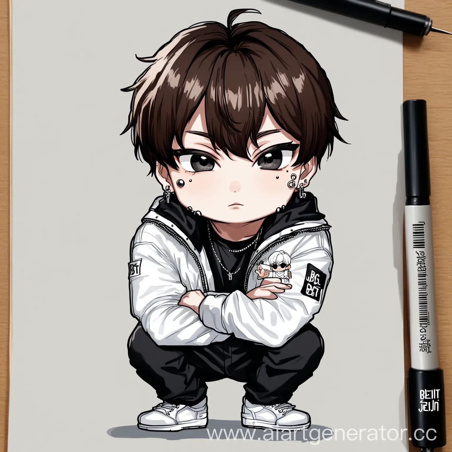 Chibi-and-Realistic-Jungkook-Drawing-with-Pierced-Eyebrow-and-Stylish-Outfit