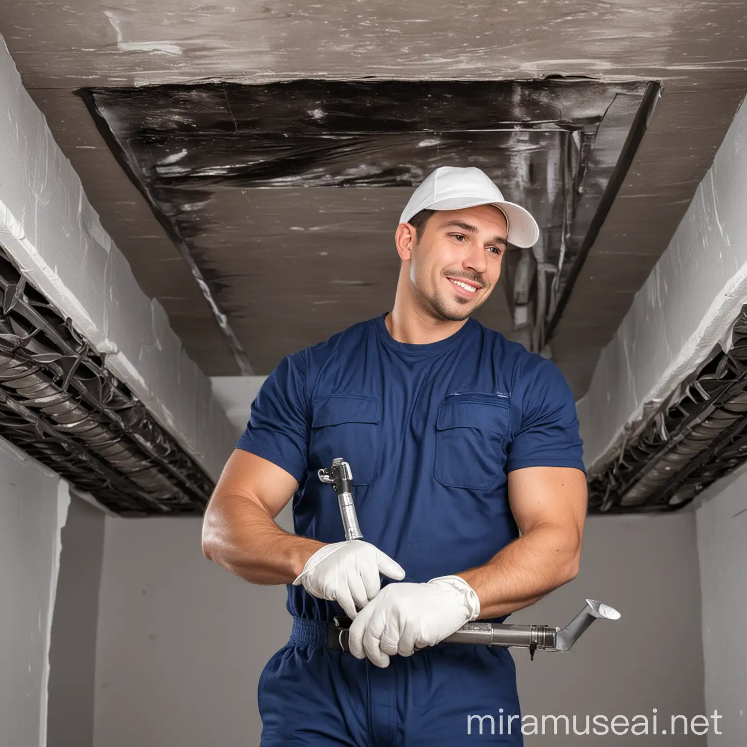 Professional Air Duct Cleaning Technicians in White and Navy Blue Attire with Tools