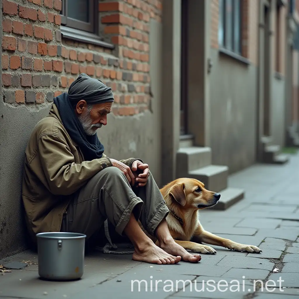 A Beggar and His Dog by an Old Brick Wall