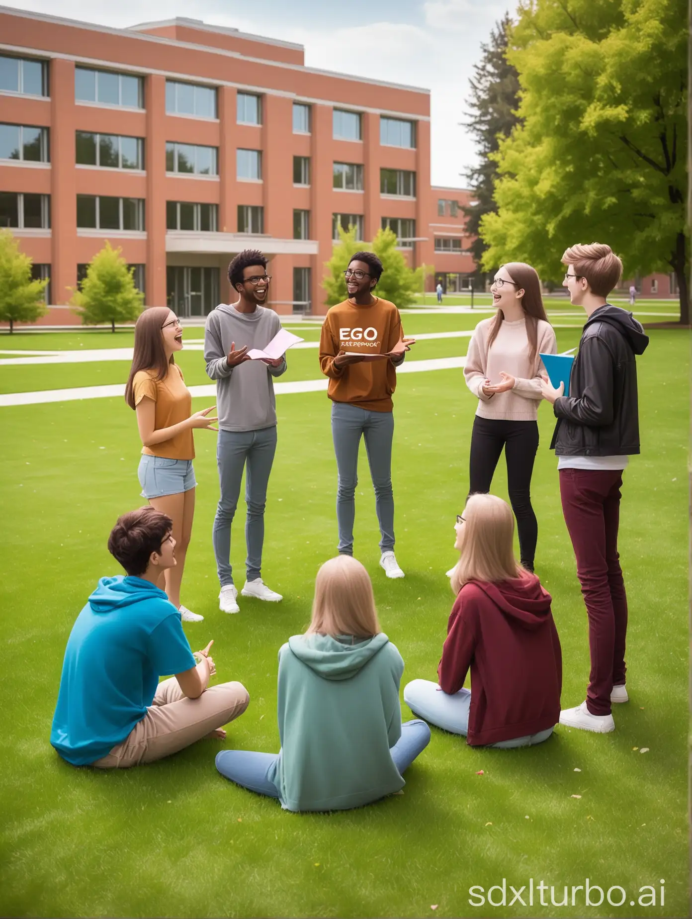 A group of young people happily discussing psychology, discussing the Self, Ego, True Self, and Super-Ego on the lawn in the campus