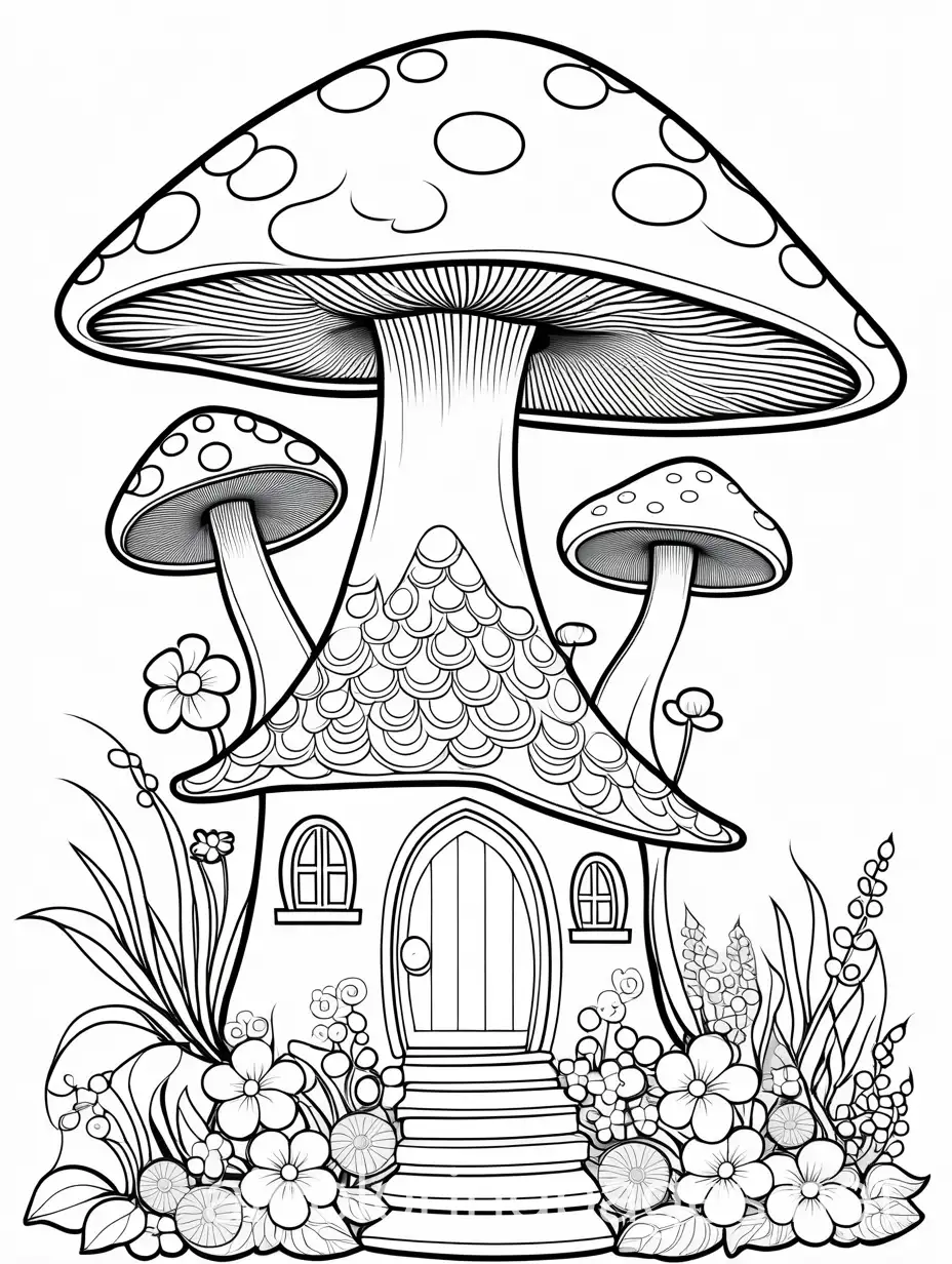 A mushroom house surrounding by flowers , Coloring Page, black and white, line art, white background, Simplicity, Ample White Space. The background of the coloring page is plain white to make it easy for young children to color within the lines. The outlines of all the subjects are easy to distinguish, making it simple for kids to color without too much difficulty