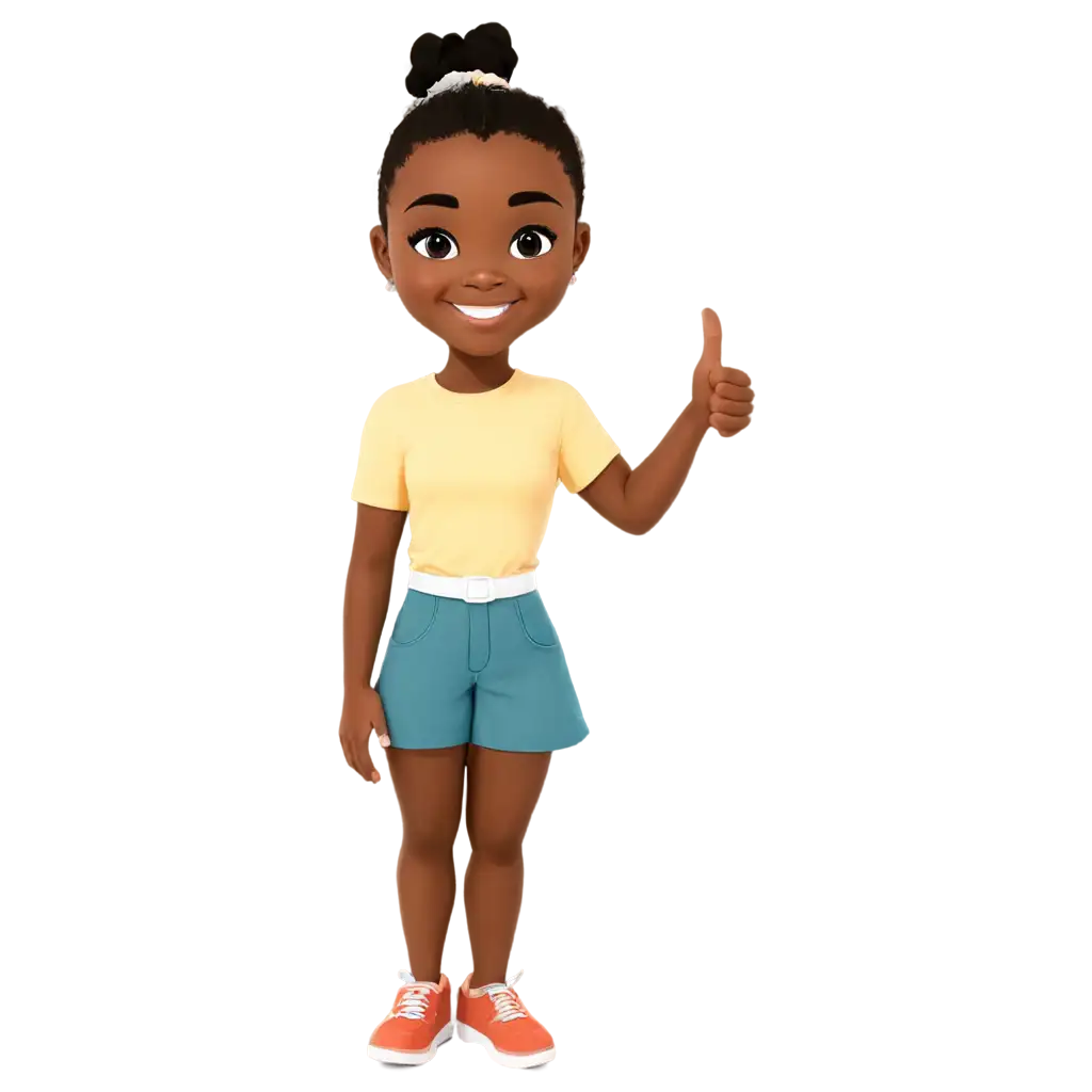 Cartoon outline of a African American little girl smiling giving a thumbs up that can be used for a coloring page  