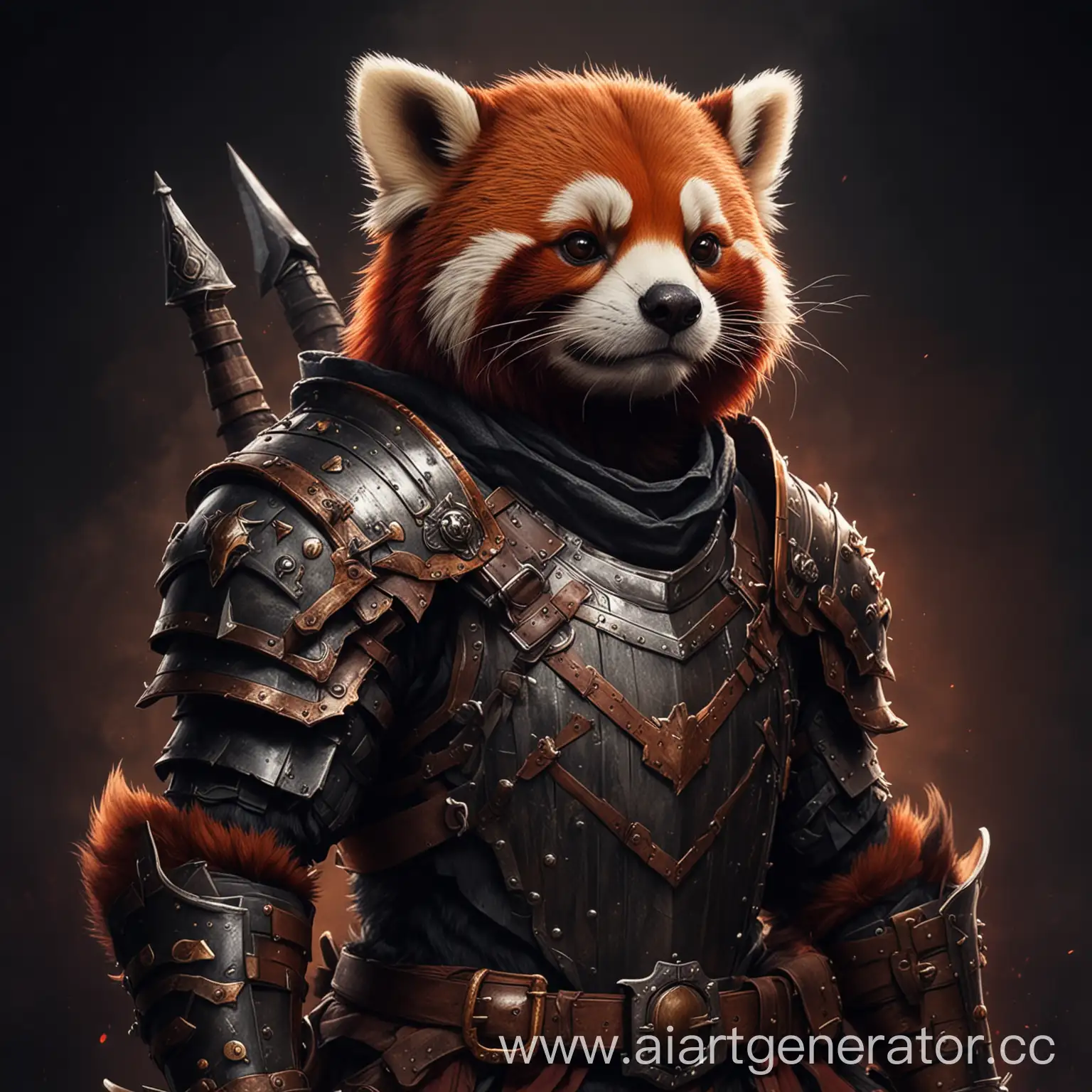 a furry red panda in knight's armor. Epic drawing in the style of dark souls. Dark colors. Dark vibe