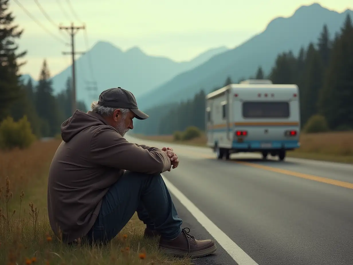 The story begins on the open spaces of the roads. A man, middle-aged, thick-set, in a baseball cap, sits face down on the side of the road - a connoisseur of freedom, who loves the feeling of boundless space in front of him. There is a camper trailer nearby, With forest and mountains in the background.| Soft, unobtrusive lighting; Dreamy and surreal composition | Sony and A7R IV with Sony Fe lens 85 mm F/1.4GM | Clear image of details; Smooth background transition -AR 3:4 -raw material type -stylize 75 -stop 90 -in 6.1