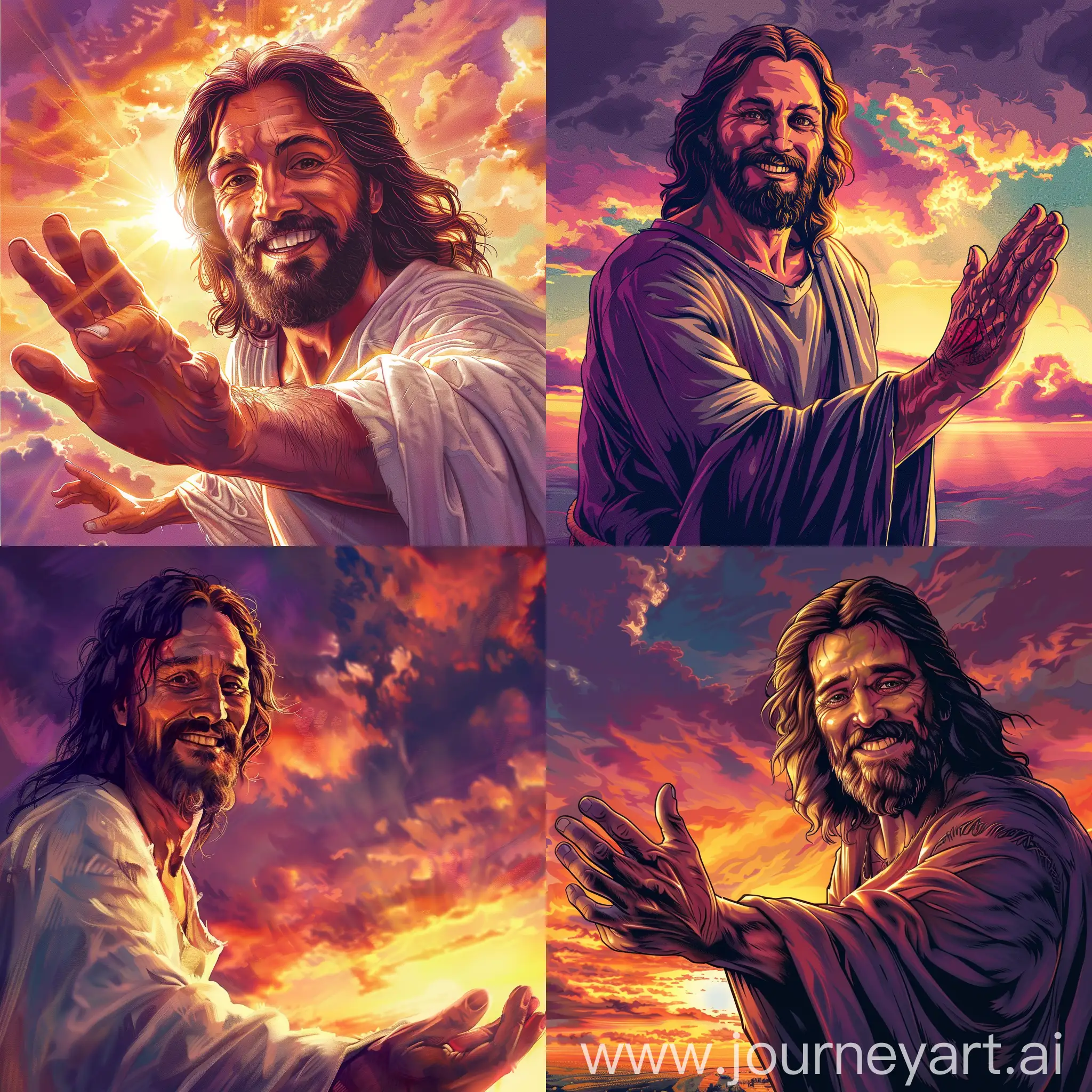 Serene-Jesus-Christ-Smiling-with-Outstretched-Hand-at-Sunset