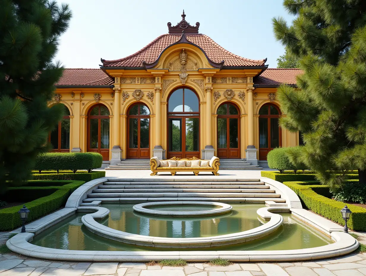 Krummhaus, Garten Gepflanzt-rein, with gilded stucco, large windows with glass closed, curved, smooth window shapes, winding grand entrance steps made of marble, complex angular roof with pond, lanterns, gold bench, orange tree 4K resolution color wide-angle shots