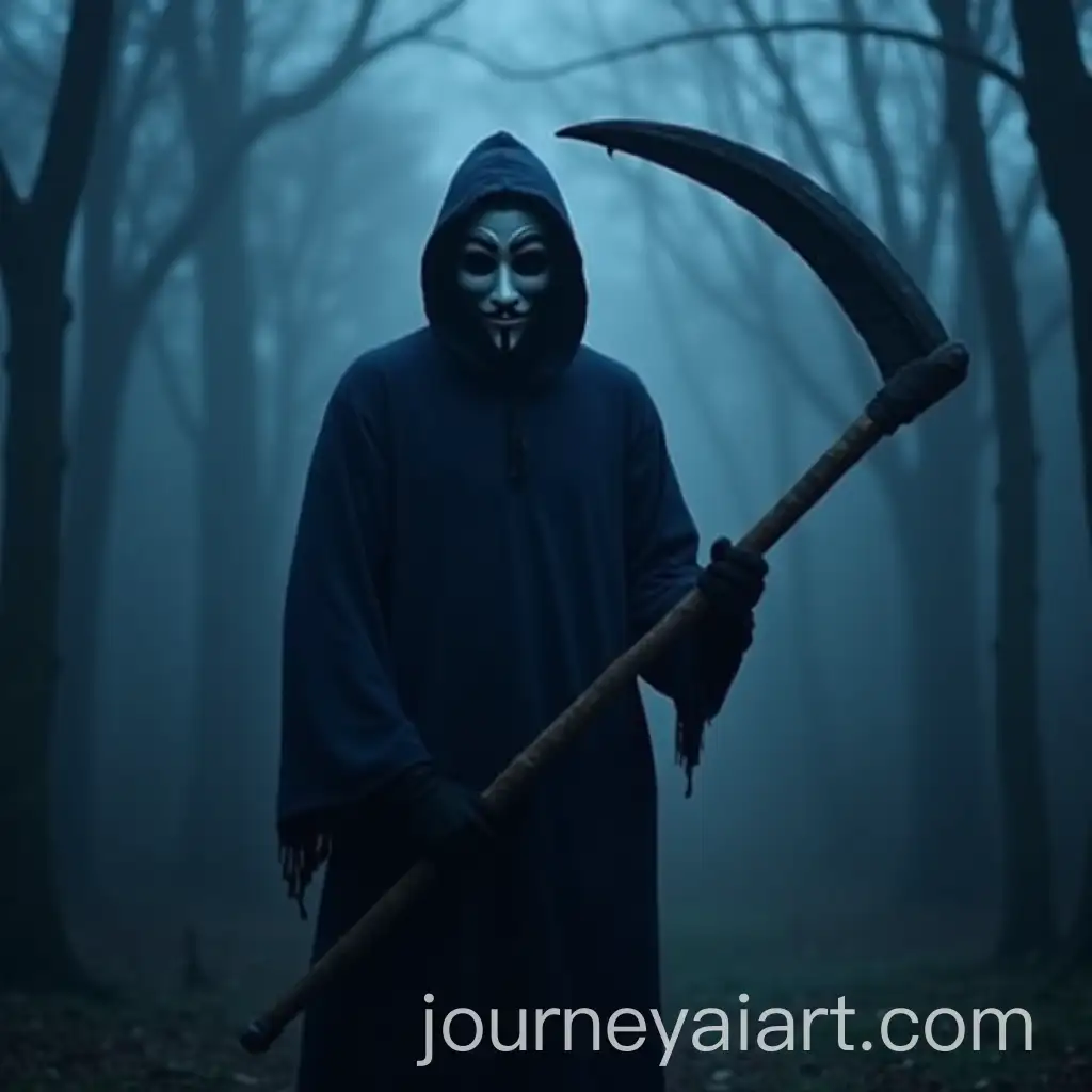Death-Figure-Holding-Scythe-with-Black-Anonymous-Mask-in-Dark-Blue-Environment