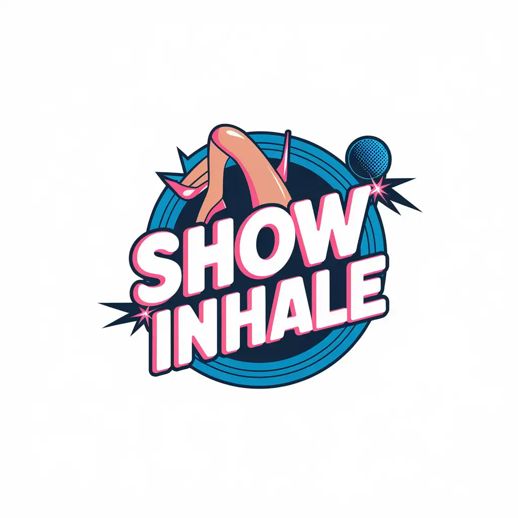 a vector logo design,with the text "show inhale", main symbol:Basic information:
Agency Name: Inhale Show
Logo elements:
Name "The Breathe Show"
Women's legs (in shoes or with high heels)
Microphone (possibly near the legs or integrated into the design)
2. Palette: Bright and Cheerful
Bright pink is for the main accents and legs.
Blue or turquoise – for the microphone and background.
White – for text and element selection.,Moderate,be used in Entertainment industry,clear background