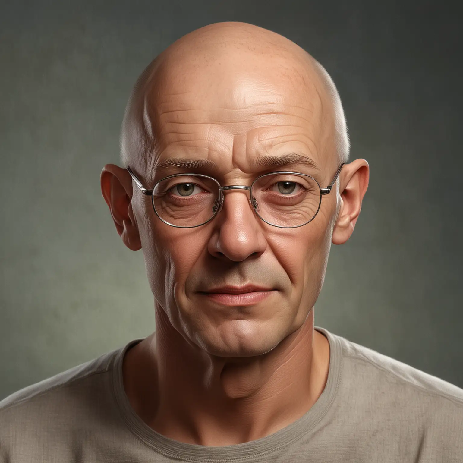 Create a realistic portrait of a European man aged 60, but he looks younger. He is not an old man. He has a round face without wrinkles, a snub nose, thin lips, the corners of the lips are slightly raised upwards. Bald. No hair on head. He has no moustache, no beard, his face is clean-shaven. He wears glasses. The portrait should be done in a style that emphasizes details and depict him from the waist up. The man is sitting at a table, his hands are lying on the surface of the table. Pay attention to his facial expression so that it reflects wisdom and life experience.