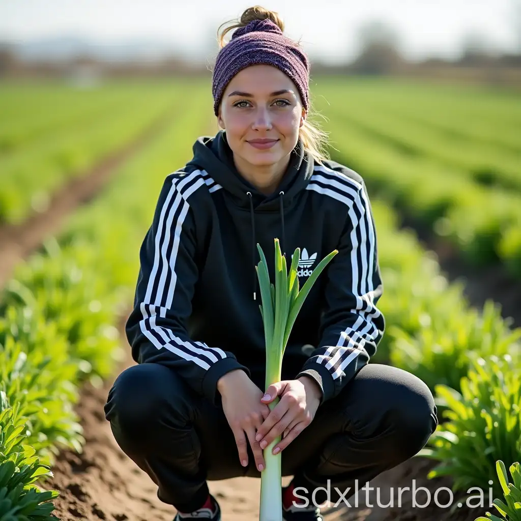 Young-Woman-in-Adidas-Tracksuit-Holding-Leek-in-Sunlit-Field