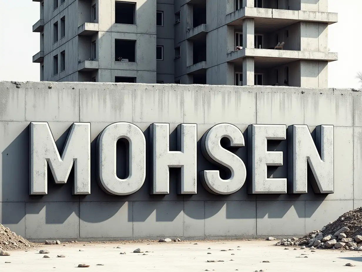 Design a striking illustration featuring the name 'MOHSEN' in Cocon Regular font, styled as bold gas concrete block letters, set against a background of a gas concrete wall that's part of a partially constructed apartment building.