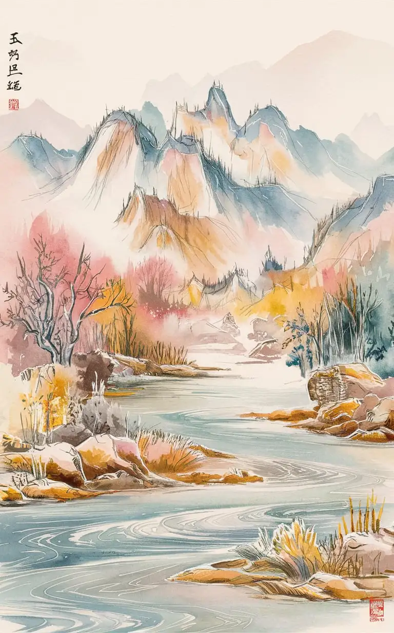 chinese style mountain-water drawings，a soft pastel color palette with clean sharp focus and soft shadows 