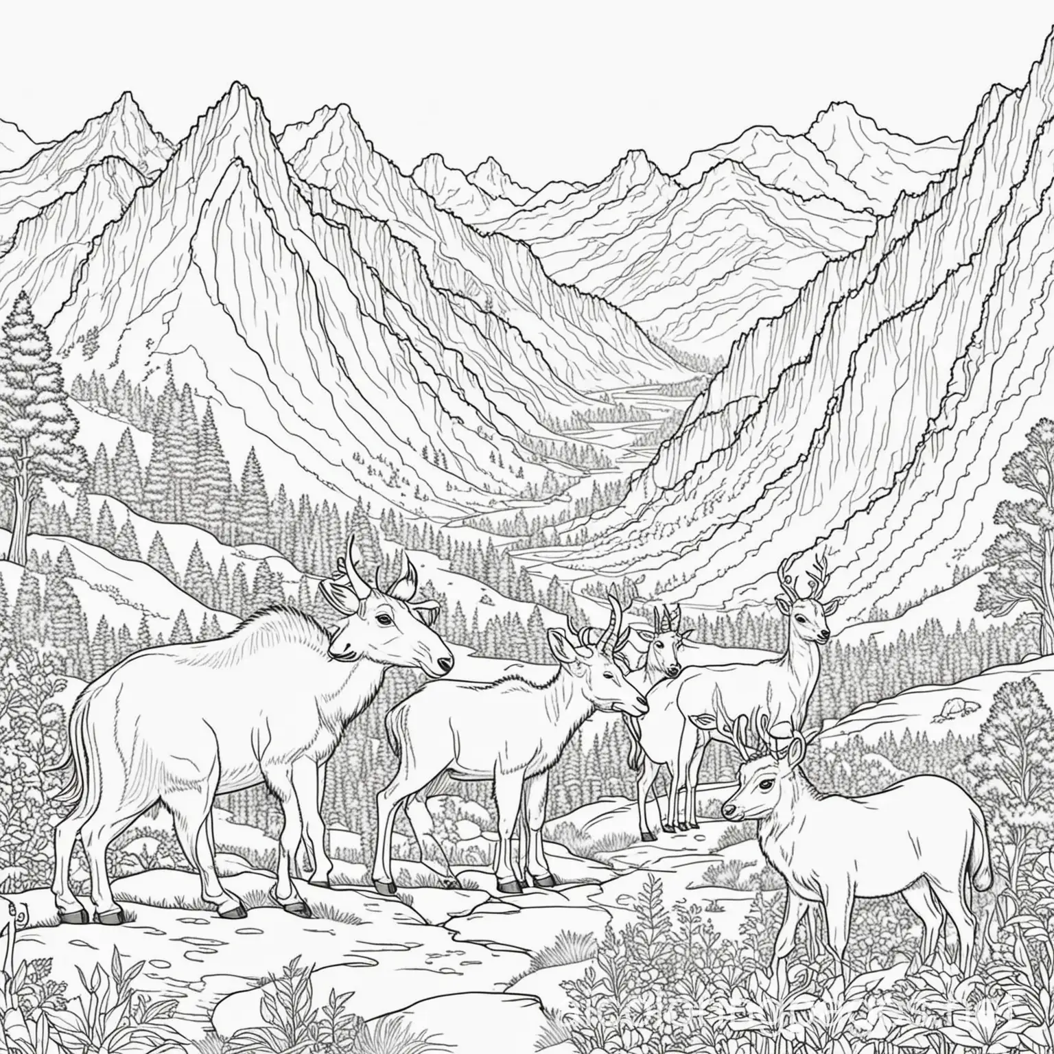 Playful-Animals-Enjoying-Fun-in-the-Mountains-Coloring-Page