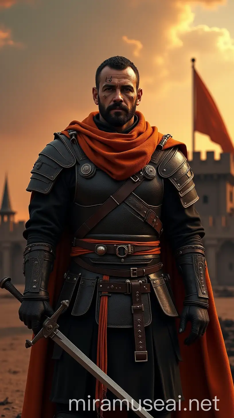 Warrior in Black Battle Attire with Orange Scarf and Fortress in Black and Orange Setting