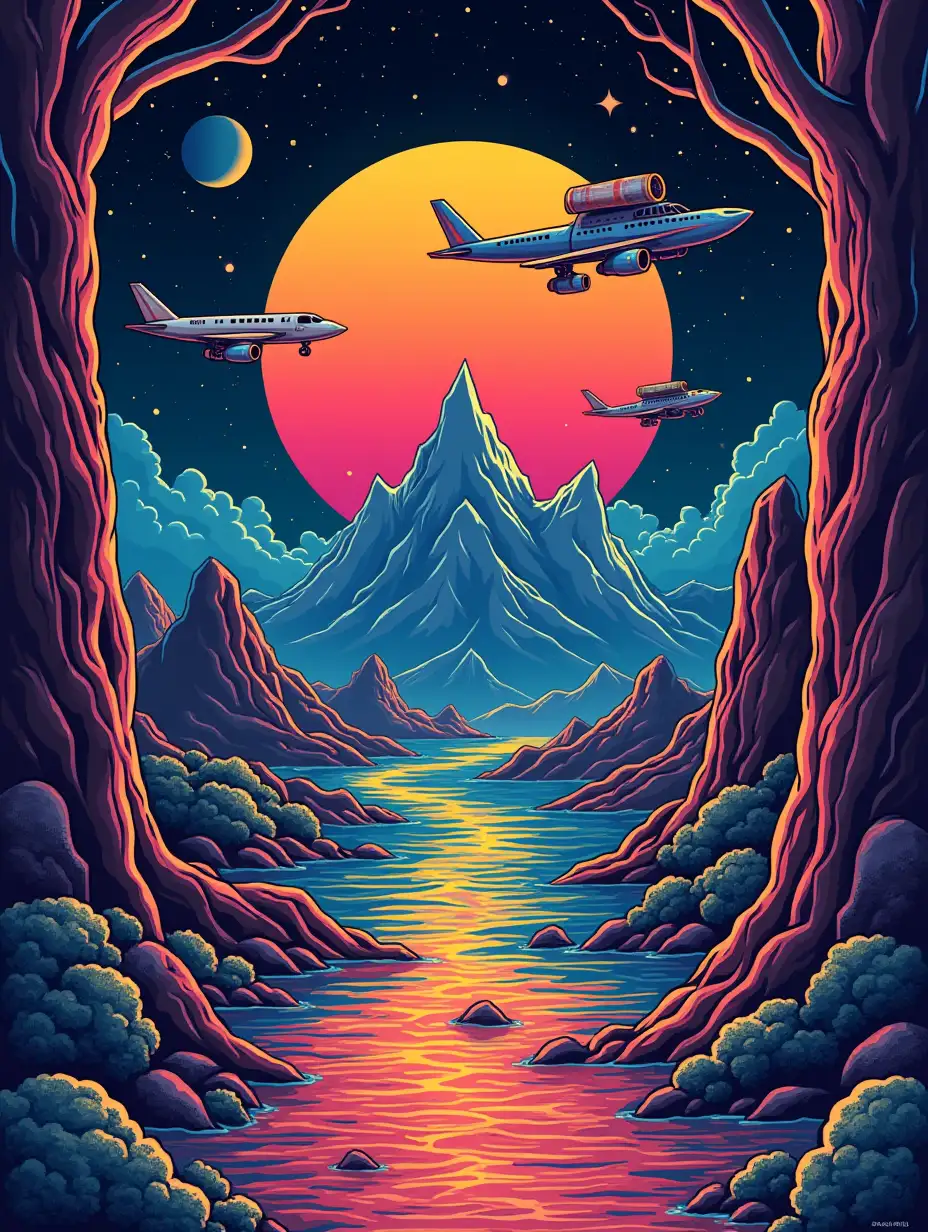 a psychedelic poster, with vibrant colors, theme, travel and explore